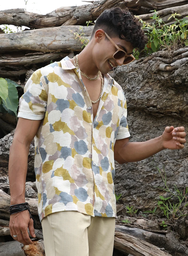 CAHOOT  Men's Multicolour Abstract Print Shirt For Casual Wear | Spread Collar | Short Sleeve | Button Closure | Cotton Double Cloth Shirts Crafted With Comfort Fit For Everyday Wear for Men | Best Price UAE
